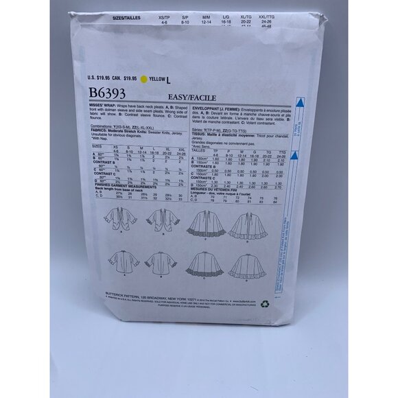 Butterick Misses Coat Wrap Sewing Pattern sz L to XXL B6393 - uncut - Picture 2 of 2